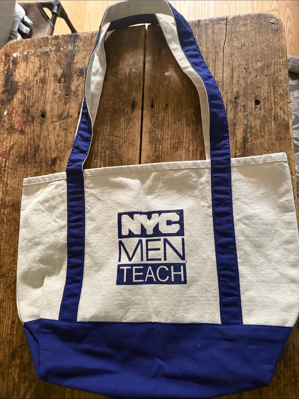 NYC Men Teach Canvas Tote Bag in White and Blue